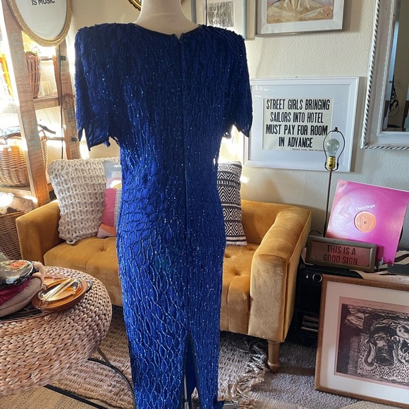 Vintage gatsby style beaded maxi gown 80s laurence kazar Blue 100% Silk dress - Picture 6 of 10